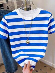 Camiseta de mujer de manga corta con cuello redondo, casual y versátil, a rayas - Multicolor 7 - Ver 3