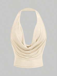 Top halter corto y sexy sin espalda de unicolor con cuello drapeado sin mangas para mujer, estilo Y2K para salir en verano - Albaricoque - Ver 5