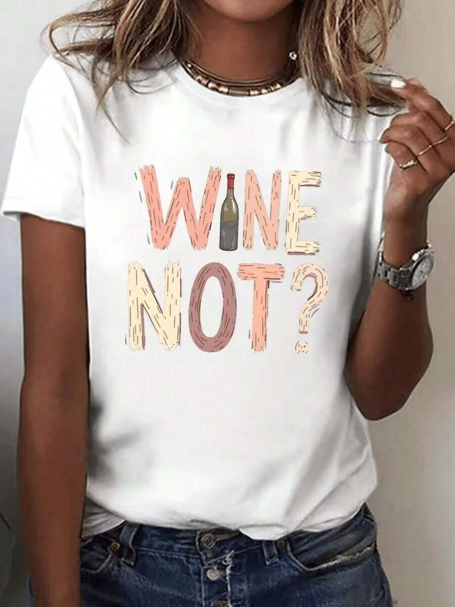 "AREN'T YOU GOING TO DRINK WINE?" For Ladies Printed T-Shirt | Casual Short-Sleeved T-Shirt With Round Neck, Soft And Stretchy Fabric, Machine Washable, Comfortable For All Seasons, Loose Fit, T-Shirt For Wine Lovers. - 白色 - 查看 1