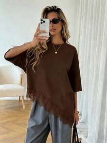 Camiseta casual de mujer con dobladillo asimétrico de encaje de unicolor, uso versátil diario, parte superior de ocio de primavera/verano, adecuada para vacaciones, verano, primavera, vacaciones de primavera y diversas ocasiones, incluyendo ves - Marrón - Ver 9