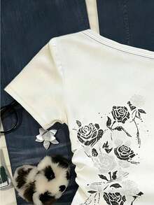 Camiseta casual versátil de mujer con hombro asimétrico y mangas cortas a rayas - Multicolor 9 - Ver 5