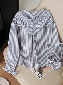 Camisa con capucha holgada con cordón de rayas azules y blancas para mujer, nueva para primavera/otoño - Niebla azul - Ver 2