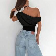 Women's Casual Elegant Asymmetric Ruched Cropped Top, Suitable For Summer, Suitable For Everyday Wear Brown - Marrón - Ver 3