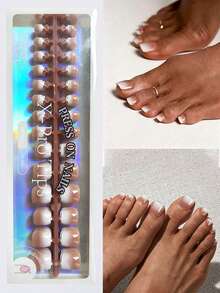 150pcs Short Square Brown/Pink Matte Gradient False Nails, 15 Sizes Included, Short French Style Nail Stickers, Suitable For Women And Girls Toe Decoration - Mocha Brown - View 2
