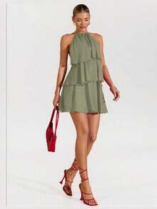 Vestido corto de gasa rojo sólido con hojas de loto en cascada, apropiado para citas diarias, salidas nocturnas, discotecas, fiestas, reuniones, fiestas de cócteles, fiestas de piscina, ropa de vuelta al colegio, vestidos de temporada escolar, v - Verde militar - Ver 7