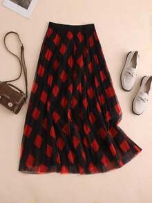 Falda midi de línea A de malla a cuadros vintage para mujer, falda plisada esponjosa de cintura alta adelgazante, adecuada para uso casual u oficina, ideal para todas las estaciones, excelente para Navidad y Año Nuevo, color rojo primaveral - Rojo - Ver 1
