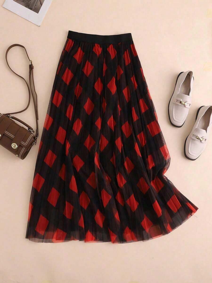 Falda midi de línea A de malla a cuadros vintage para mujer, falda plisada esponjosa de cintura alta adelgazante, adecuada para uso casual u oficina, ideal para todas las estaciones, excelente para Navidad y Año Nuevo, color rojo primaveral - Rojo - Ver 1