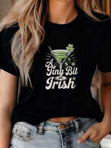 Women's T-Shirt With Fun 'A Little Bit Irish' Design – St. Patrick's Day. All Kinds Of Prints, Jacket, Round Neck T-Shirt, Casual, For Office, For Travel, Very Popular, Sporty Style, Print/Pattern, 100% Cotton T-Shirt, Casual T-Shirt, Comfortable, Soft, Breathable. The Latest Popular Bestseller - 黑色 - 查看 7