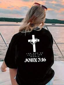 Women's Casual Short Sleeve T-Shirt - John 3:16 Bible Verse Print On Front And Back, White Cross Design On Black Background, Comfortable Crew Neck, Machine Washable Christian Faith Clothing, Religious Inspiration | Graphic Print On Back | Durable Print Quality Y2k T-Shirt Shirt - 白色 - 查看 3