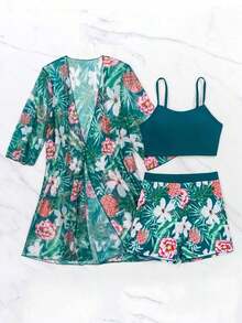 Swim Conjunto de bikini casual con estampado de plantas tropicales con kimono corto de manga corta como cubridor para verano - Multicolor - Ver 7