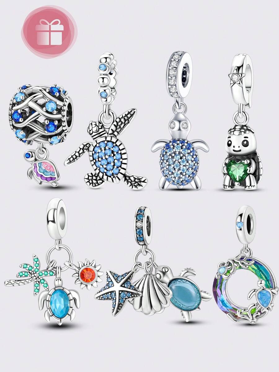 1 pieza Diseño original de cuentas de color plateado para el verano con serie de tortugas marinas azules, con incrustaciones de circonita cúbica brillante, apto para hacer pulseras y collares DIY, regalos elegantes - Plateado - Ver 1