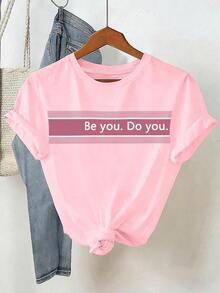 Conjunto informal de 2 piezas de camiseta de manga corta de cuello redondo a rayas y pantalones cortos para mujer - Rosa - Ver 4