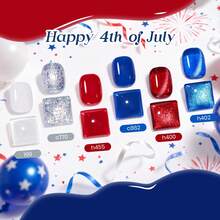 Beetles 4th Of July Gel Nail Polish Set, 6 Colors Red White Blue Cat Eye & Silver Glitter Gel Polish, Comes With Magnet And Stickers, Patriotic DIY Nail Art Gifts For Women - 6 Colors Freedom in Firelight - 查看 4