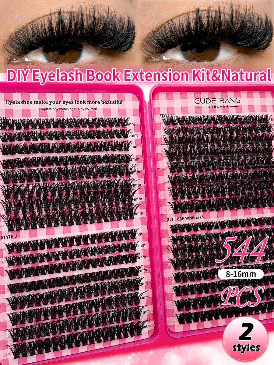 544片DIY接睫毛套組，自然蓬鬆假睫毛，適合日常基礎妝容，仿貂毛睫毛，工具齊全，無需額外購買配件，高CP值，專為化妝初學者設計，操作與貼敷簡單 - 彩色 - 查看 1