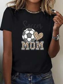 Plus Size Women's 2026 T-Shirt With Fun Prints, 1 Piece Of  Short-Sleeved T-Shirt With A Stylish Female Soccer Player Print For Soccer Enthusiasts, A Leopard Print Heart Print, "Soccer Player Mom" And A Super Popular English Letter Print. A Comfortable Short, Suitable For Everyday Wear, Valentine's Day And Easter Gifts. - 黑色 - 查看 1