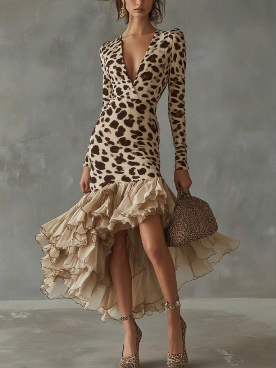 Vestido elegante mujer manga larga cuello V estampado digital textura piedra combinado gasa moda europea nueva - Albaricoque - Ver 1