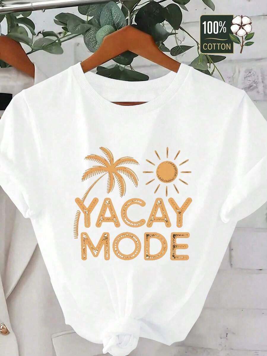 Conjuntos de Verano para Mujer, Camiseta Cómoda y Sencilla para Mujer Yacay Mode Tropical Poster, Conjuntos de Verano para Mujer, Tops de Verano, Playera - Blanco - Ver 1