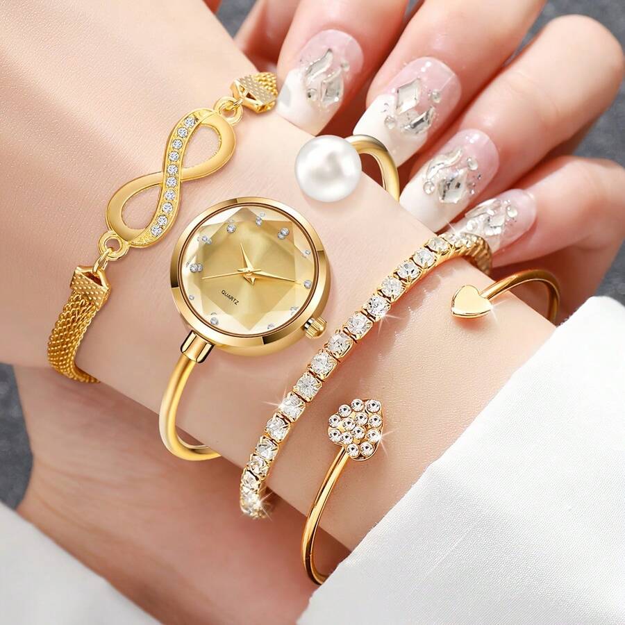 4pcs Elegant Gold-Tone Women's Watch Jewelry Set, Bangle Style Watch Face, Paired With Bracelet, Exquisite And Shiny, Suitable For Formal Wear And Casual Outfits, Great Gift For Women, Graduation, High-End Ladies Accessories, Watch Set, Hand Jewelry, Women's Bracelet, Gift Box Not Included - Gold - View 1