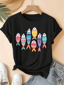 Primavera/Verano 2026, Nueva Camiseta de Manga Corta para Mujer con Cuello Redondo, Estampado de Peces de Estilo  Colorido, Top Deportivo Casual Vintage con Efecto Desgastado, Ropa de Mujer de Alta Calidad en Tejido de Punto Suave.|Diseño Divertido y Original|Top divertido y rejuvenecedoruna camiseta estampada muy distintiva / estilo unisex / adecuada tanto para hombres como para mujeres / resistente a las arrugas / transpirable - Negro - Ver 8