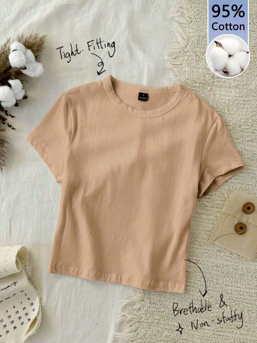 1 pieza Camiseta ajustada de forma sólida 95% algodón - Caqui - Ver 1