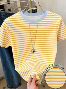 Camiseta de mujer de manga corta con cuello redondo y diseño minimalista a rayas - Multicolor 4 - Ver 5