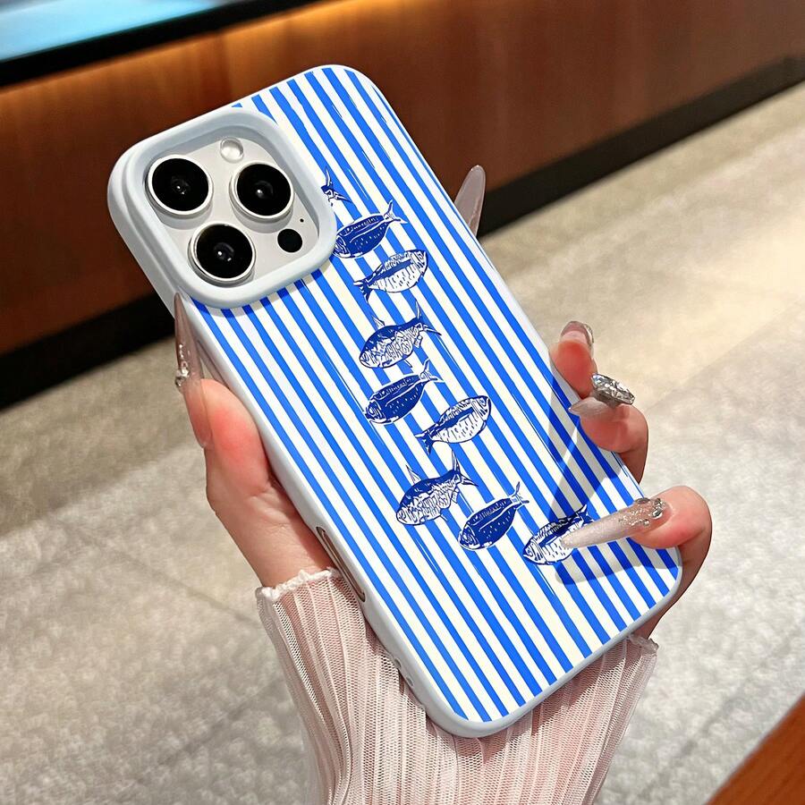 Sardine Stripes Design Phone Case Compatible With  17  16 Pro Max  15 Pro Max  13 And  12 Made Of TPU Material Providing Shock And Drop Protection A Great Gift For Family Friends Loved Ones Boyfriends Girlfriends And For Holidays - Blue - View 1