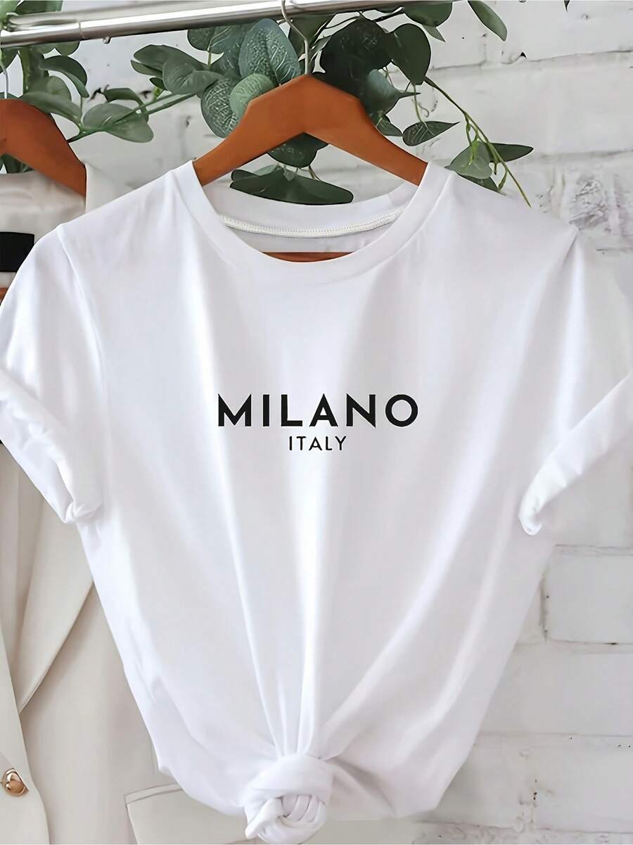 100% cotton Camiseta estampada con cuello redondo, camiseta casual de manga corta para primavera y verano, ropa de mujer, día de San Valentín. - Blanco - Ver 1