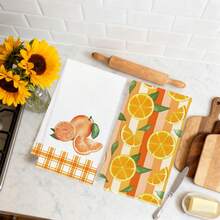 2pcs Kitchen Towels, Summer Striped Plaid Orange Print, 40*60cm Modern Style Rectangular Super Soft Fiber Kitchen Towels, Dish Cloths, Hand Towels, Kitchen Decor, Housewarming Gift, Suitable For Kitchen And Bathroom, Great For Housewives And Family Gatherings, High Cost-Performance, Household Essential - Orange - View 6
