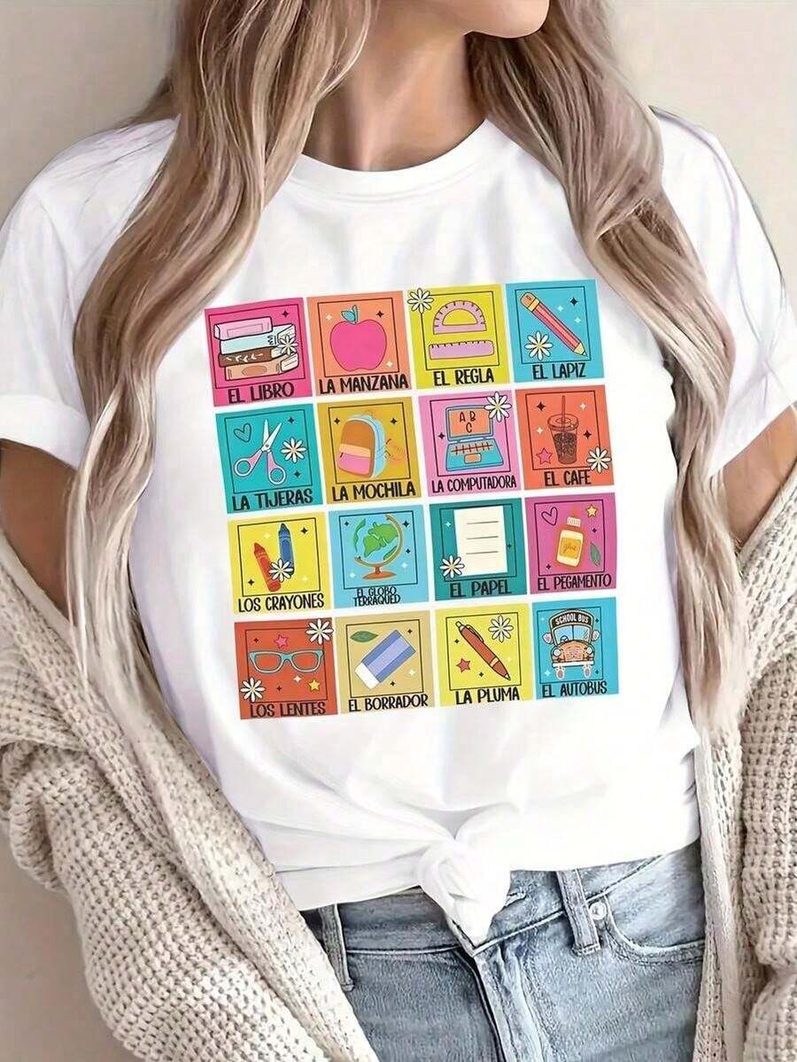 1 pcsCamiseta Gráfica del Alfabeto Español para Mujer - Diseño Educativo Colorido con Objetos como La Casa y El Sol - Cuello Redondo de Manga Corta Suave y Elástico, Ropa Casual para Verano y Primavera, Aprendizaje de Idioma en Español, Estampado Divertido, Ma180g 100% Cotton - Blanco - Ver 1
