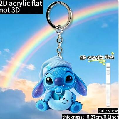1pc 2026 New 2D Acrylic Keychain, 2D Acrylic Design Pattern Of Stitch Hugging Blue Moon, Practical Stylish Novelty Keychain, Keyring, Holiday Gift Decor, Car Key Chain, Backpack Wallet Keyring. Suitable For Valentine's Day, Easter, Thanksgiving, Christmas And Other Occasions.