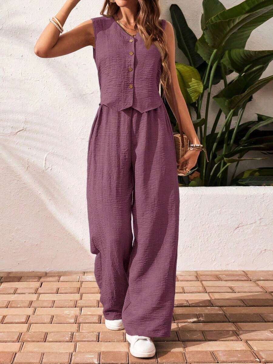 Frenchy Set de 2 piezas para mujer de top sin mangas y pantalones de estilo casual con un solo botón, para verano - Rojo violeta 2 - Ver 1