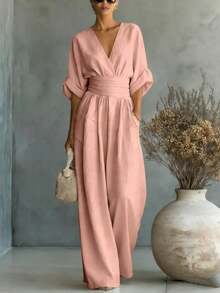 2026 Spring Summer Elegant V-Neck Jumpsuit Women Waist Slim Casual Fashion Romper - màu đen - Xem 10