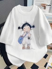 Camiseta Casual Holgada de Manga Corta para Mujer Estilo Y2K con Estampado de Niña con Mochila, Estilo Dulce, Cuello Redondo, 95% Poliéster + 5% Spandex, 100% Algodón. - Blanco - Ver 1