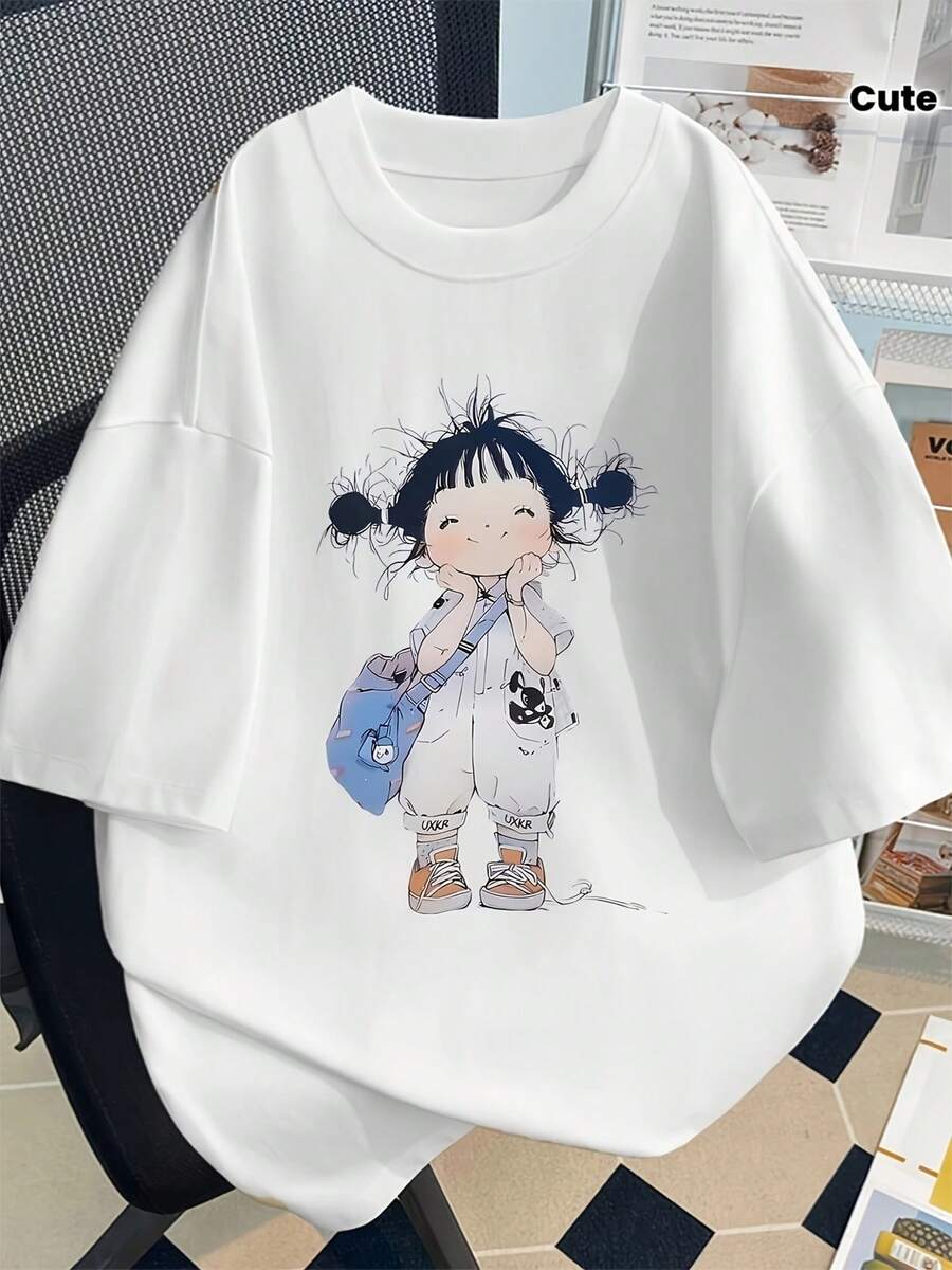 Camiseta Casual Holgada de Manga Corta para Mujer Estilo Y2K con Estampado de Niña con Mochila, Estilo Dulce, Cuello Redondo, 95% Poliéster + 5% Spandex, 100% Algodón. - Blanco - Ver 1