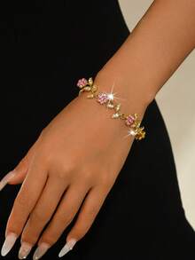 1pc Rose Leaf Bracelet, Red Crystal Flower Rhinestone Chain Bracelet, Delicate Jewelry Accessory Suitable For Summer Beach/Wedding Engagement/Party - Multicolor - View 12
