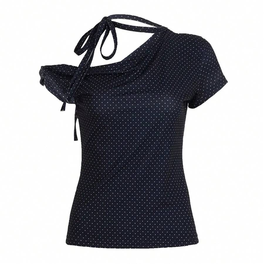 Camisetas con estampado de lunares para mujer, Tops de verano con un solo hombro, diseño bonito, camisetas ajustadas informales coreanas para ir al trabajo en la oficina - Negro - Ver 1