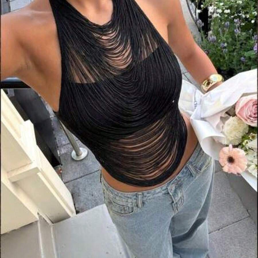 Women's Solid Color Halter Backless Sleeveless Fashionable Sexy Top For Summer,Summer Top - Negro - Ver 1
