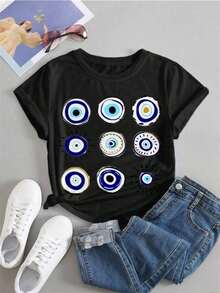 Envío gratis, entrega local enéxico, entrega en 4 días.PLAYERA MUJER DAMA JUVENIL CUELLO REDONDO MANGA CORTA MODA CHOPIS DISEÑO DE OJOS TURCO Casual Poliéster Hogar Jardín Viajes Suave Primavera Verano Corte Ajustado - Negro - Ver 1