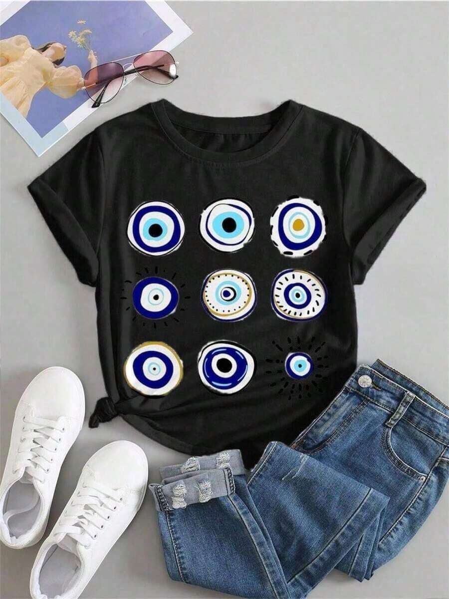 Envío gratis, entrega local enéxico, entrega en 4 días.PLAYERA MUJER DAMA JUVENIL CUELLO REDONDO MANGA CORTA MODA CHOPIS DISEÑO DE OJOS TURCO Casual Poliéster Hogar Jardín Viajes Suave Primavera Verano Corte Ajustado - Negro - Ver 1