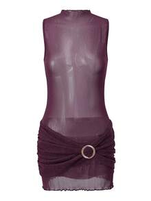 Vestido de playa para mujer, de malla transparente brillante, corte ajustado, elegante, color liso, cuello redondo, minivestido sin mangas. - Morado - Ver 5