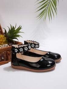 Girls' Shiny Mary Jane Flat Shoes, Versatile Princess Style - Black - View 4