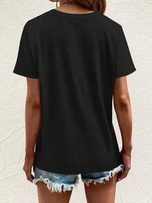 Fashionable Women's T-Shirt, Round Neck T-Shirt With Printed Design, Casual Short-Sleeved T-Shirt For Women. A Very Distinctive Printed T-Shirt / Unisex Style / Suitable For Both Men And Women / Wrinkle-Resistant / Breathable - 黑色 - 查看 2