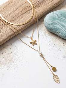 1 chiếc vòng cổ mặt dây chuyền thời trang nữ phong cách biển cả mùa hè, dây xích xương rắn phong cách Bohemian cổ điển, mặt dây chuyền hình sao biển, lá cây, hình tròn hình học, ngọc trai giả, dây chuyền dài nhiều lớp hình chữ Y, thích hợp đeo hàng ngày, dự tiệc, đám cưới, làm quà tặng cho bạn gái. - vàng - Xem 3