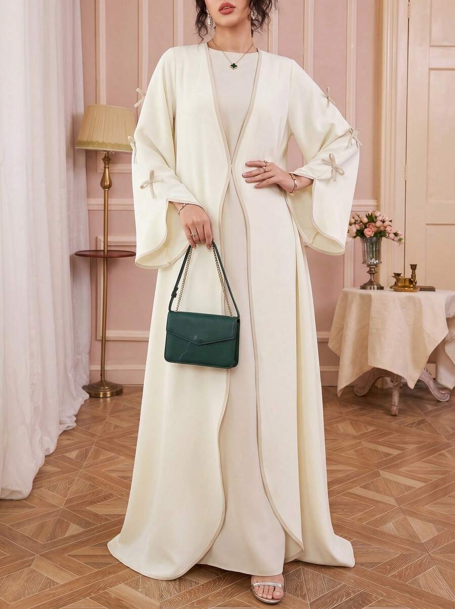 Solessence 新款端庄中东风情长款开衫，纯色休闲柔软舒适，配有蝴蝶结腰带，适合度假和日常穿着，春季白色 - 白色 - 查看 1