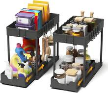 Organizador negro para debajo del fregadero (paquete de 2), estante de almacenamiento extensible con 16 ganchos, organizador multifuncional para cocina y baño. - Ver 12