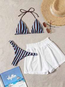 3 piezas de bikini - Bottom a rayas azul y blanco, shorts de cubrir blancos, ropa de playa casual para vacaciones de primavera/verano, fiesta en la playa - Multicolor 3 - Ver 3