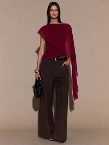 Blusa de punto con cuello anudado y hombro asimétrico, suéter elegante y ajustado, otoño/invierno - Burdeos - Ver 5