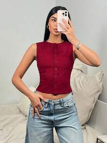 Top corto casual y ajustado de unicolor con botones de mujer, para el verano - Burdeos - Ver 1