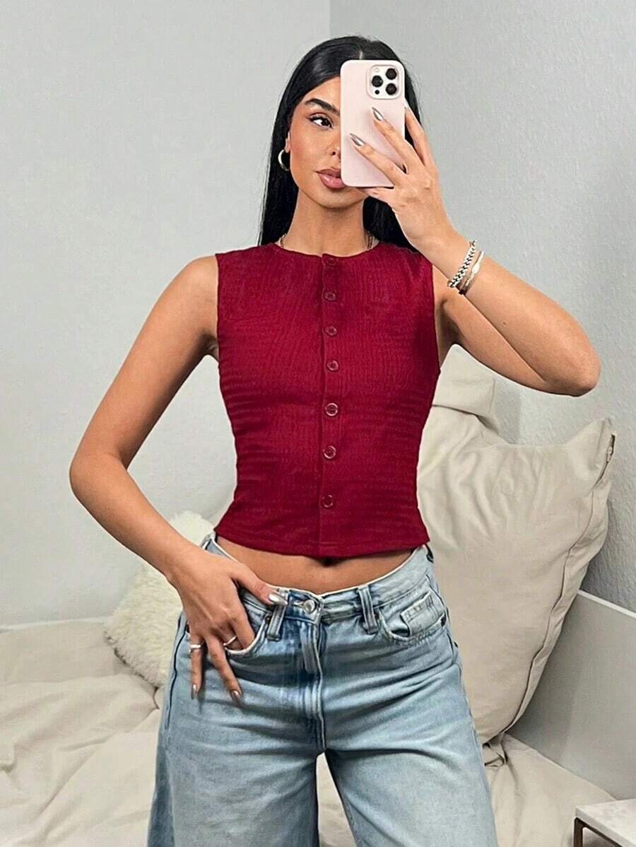 Top corto casual y ajustado de unicolor con botones de mujer, para el verano - Burdeos - Ver 1