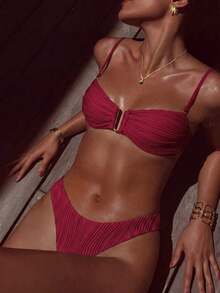 Swim Conjunto de bikini de verano para mujer de unicolor con pliegues y sexy - Burdeos - Ver 7